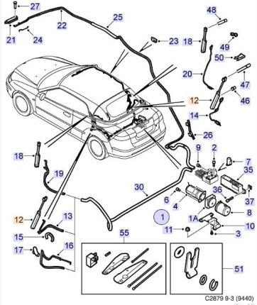 Cilindro hidraulico izquierdo para capota saab 9.3 convertible 2004-2011 Capotas